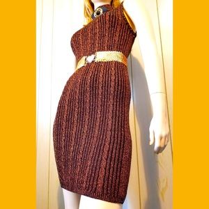 Vintage 80s Glitter Disco Glam Copper Metallic SEXY Bodycon Mini Sweater Dress